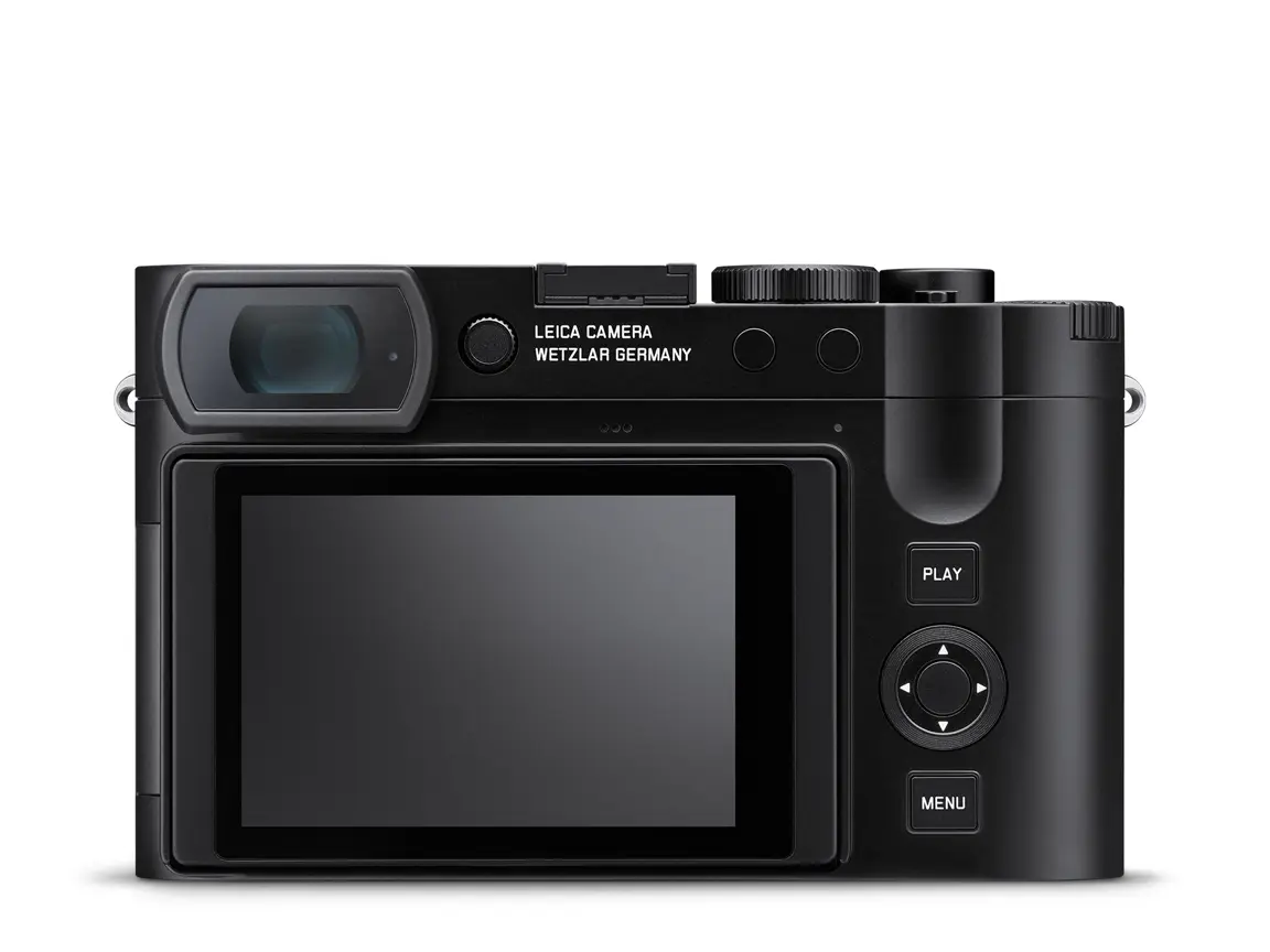 Leica Q3 43 in Rckansicht mit elektronischem Sucher, groem Display sowie Play-, Men- und Navigationstasten