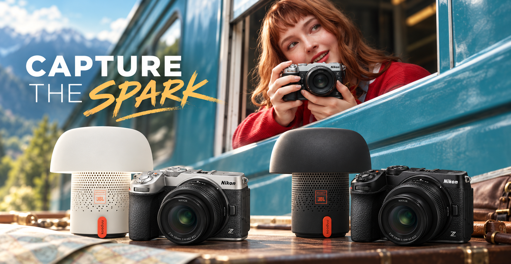 Werbemotiv für die Nikon Z5IIC mit zwei Kameras in Silber und Schwarz sowie zwei kompakten JBL-Lautsprechern auf einem Tisch. Im Hintergrund hält eine Frau in einem Zug eine Nikon-Kamera aus dem Fenster. Links steht der Schriftzug „Capture the Spark“.