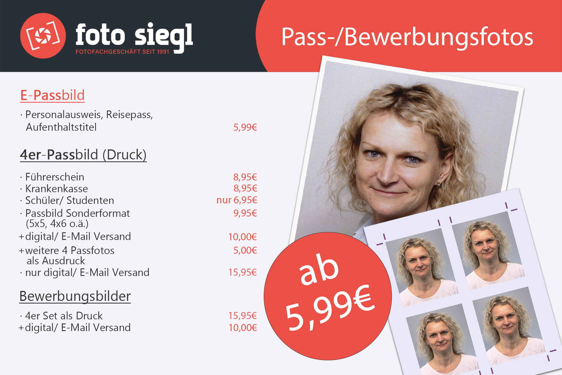 Preisübersicht zu Pass-und Bewerbungsbildern bei Foto Siegl