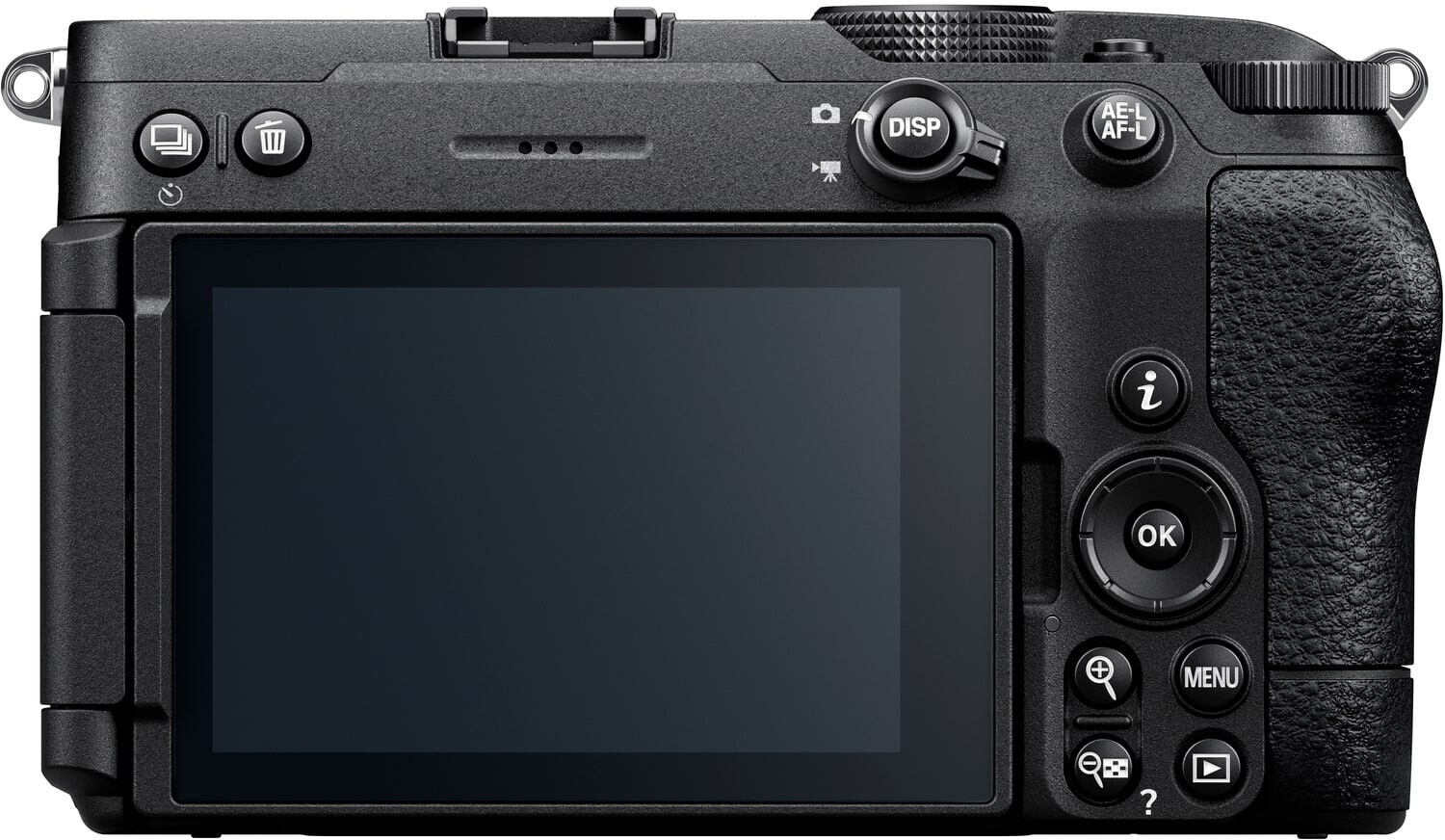Nikon Z5IIC Vollformat-Systemkamera von hinten mit drehbarem Touchscreen und Bedienelementen