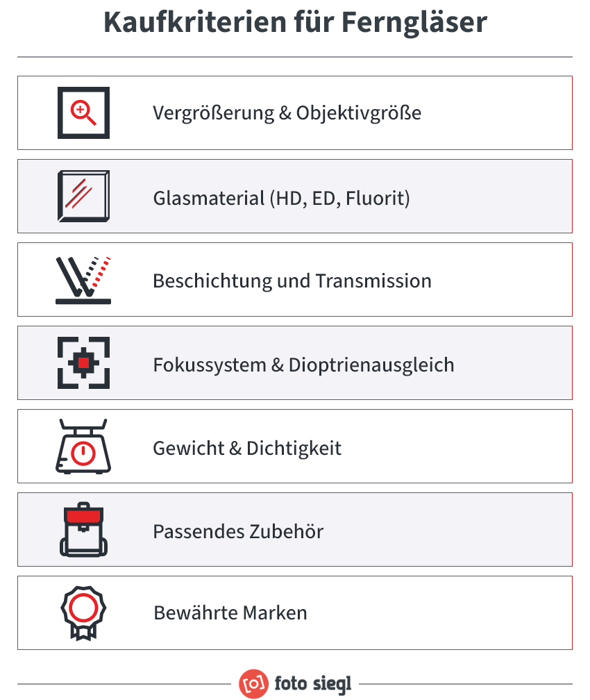 Infografik mit den wichtigsten Kaufkriterien für Ferngläser: Vergrößerung und Objektivgröße, Glasmaterial, Beschichtung und Transmission, Fokussystem und Dioptrienausgleich, Gewicht und Dichtigkeit, passendes Zubehör sowie bewährte Marken.