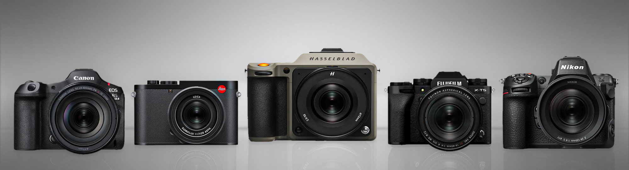 Fünf hochwertige spiegellose Systemkameras von Canon, Leica, Hasselblad, Fujifilm und Nikon nebeneinander.