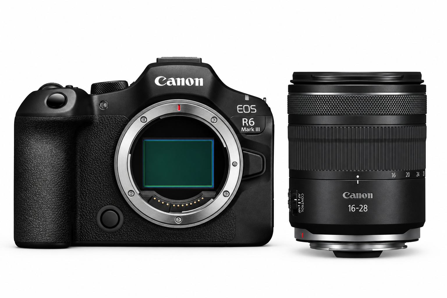 Canon EOS R6 Mark III Kamera ohne Objektiv, neben einem Canon RF 16–28 mm Weitwinkelzoomobjektiv, beide in Schwarz auf weißem Hintergrund.