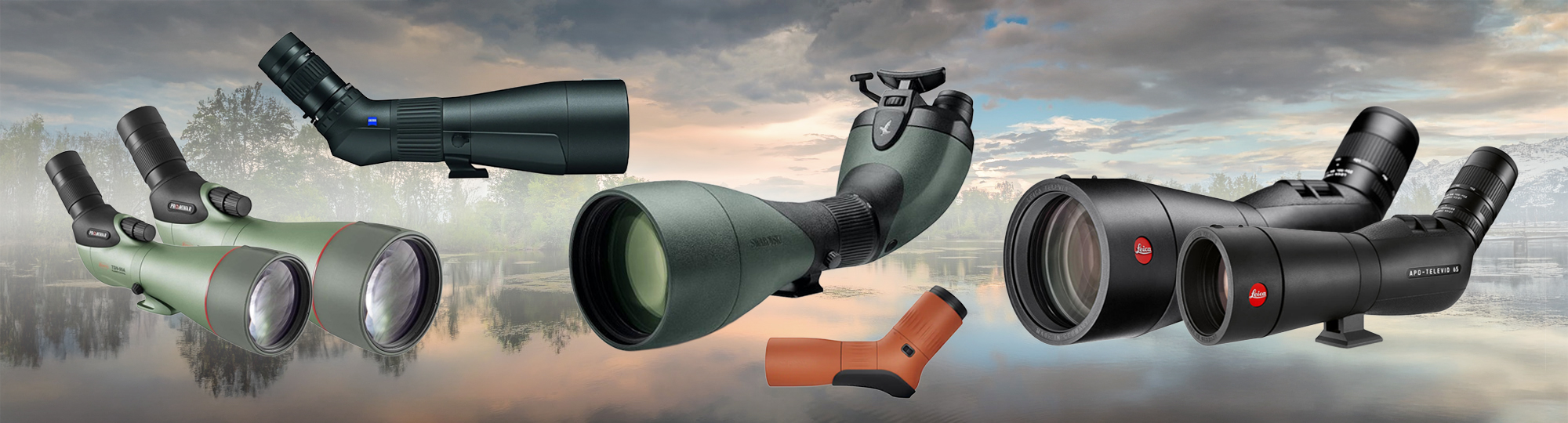 Abbildung ausgewählter Premium-Spektive führender Marken: Kowa, ZEISS, Swarovski und Leica vor stimmungsvollem Naturhintergrund.