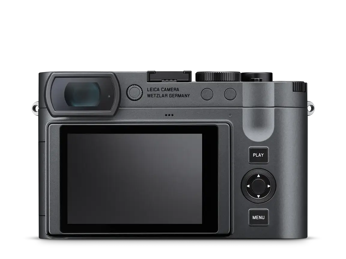 Leica Q3 Metal Grey in Rckansicht mit elektronischem Sucher, Display sowie Play-, Men- und Navigationstasten