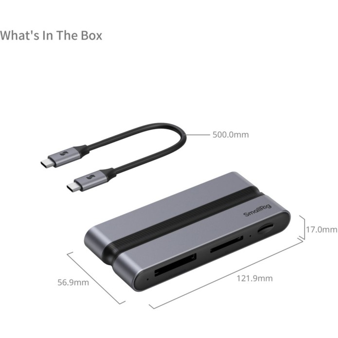 SmallRig USB-C Multiport-Hub mit abnehmbarem 50-cm-USB-C-Kabel und Maßangaben von 121,9 × 56,9 × 17 mm auf weißem Hintergrund.