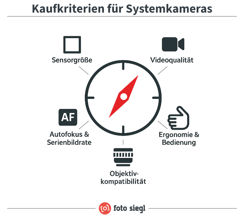 Infografik mit Kaufkriterien für spiegellose Kameras im Überblick: Sensorgröße, Autofokus & Serienbildrate, Videoqualität, Objektivkompatibilität sowie Ergonomie und Bedienung.