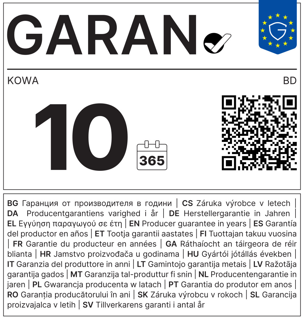 Garantiekennzeichnung von GARANT für KOWA BD. Die Grafik weist eine Herstellergarantie von 10 Jahren aus und zeigt ein Kalendersymbol mit „365“, einen QR-Code sowie den Hinweis „Herstellergarantie in Jahren“ in mehreren Sprachen.